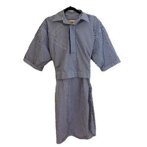 Plan C Shirt Womens 8 Blue White Striped Belted Hi Low Tail Cotton Made In Italy